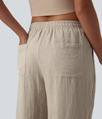 Mid Rise Drawstring Straight Leg Linen-Feel Trousers with Pockets — Whisper White — view 5