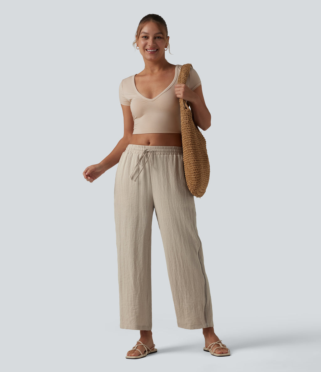 Mid Rise Drawstring Straight Leg Linen-Feel Trousers with Pockets — Whisper White — view 8