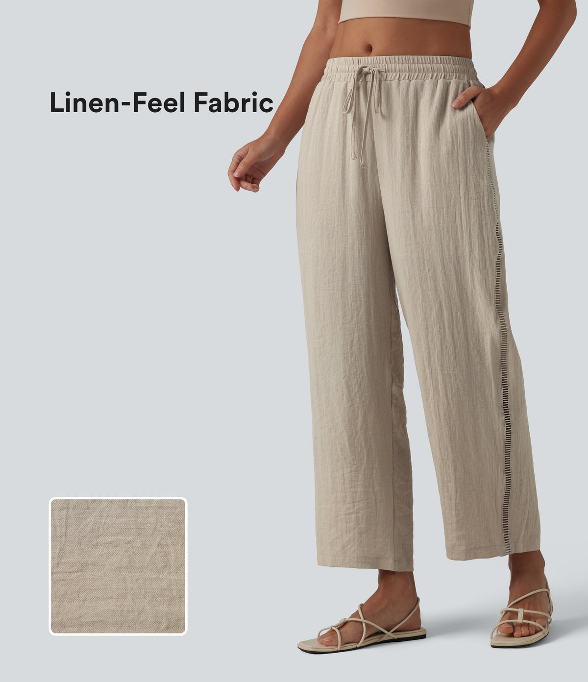Mid Rise Drawstring Straight Leg Linen-Feel Trousers with Pockets — Whisper White — view 1