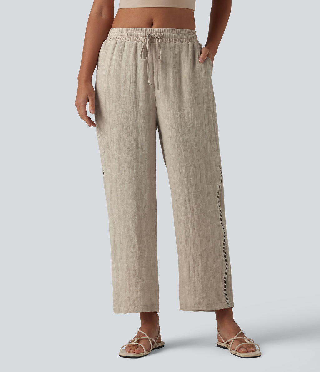 Mid Rise Drawstring Straight Leg Linen-Feel Trousers with Pockets — Whisper White — view 3