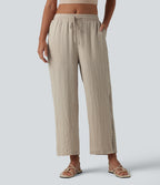 Mid Rise Drawstring Straight Leg Linen-Feel Trousers with Pockets — Whisper White — view 3