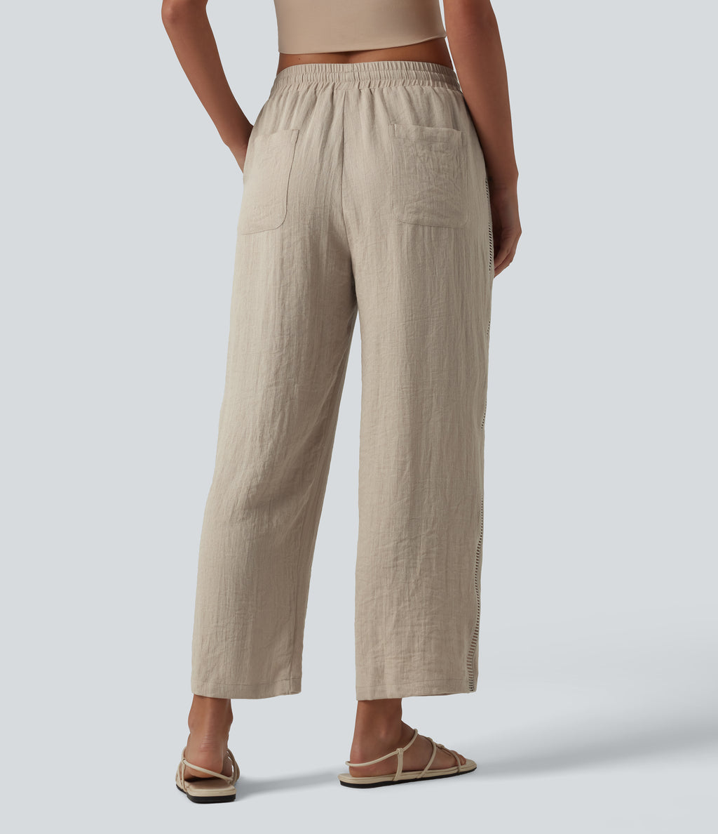 Mid Rise Drawstring Straight Leg Linen-Feel Trousers with Pockets — Whisper White — view 2