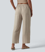 Mid Rise Drawstring Straight Leg Linen-Feel Trousers with Pockets — Whisper White — view 2