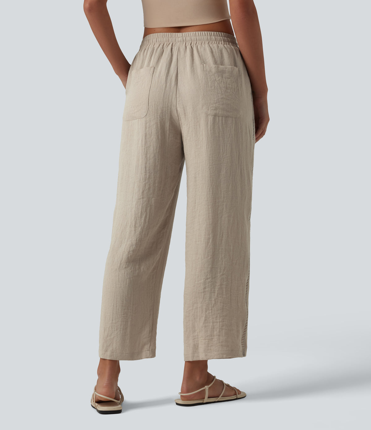 Mid Rise Drawstring Straight Leg Linen-Feel Trousers with Pockets — Whisper White — view 2