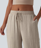 Mid Rise Drawstring Straight Leg Linen-Feel Trousers with Pockets — Whisper White — view 4