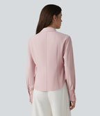 Long Sleeve Curved Hem Casual Shirt with Pocket — Hushed Violet — view 2