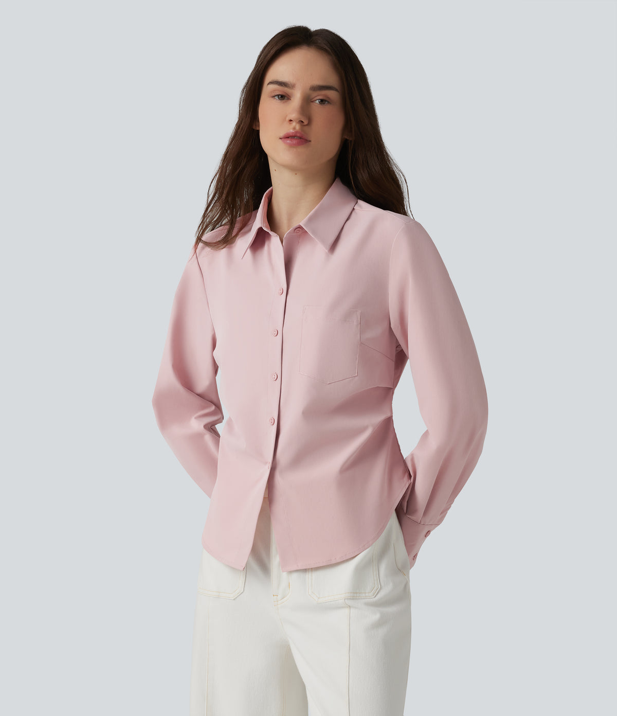 Long Sleeve Curved Hem Casual Shirt with Pocket — Hushed Violet — view 3