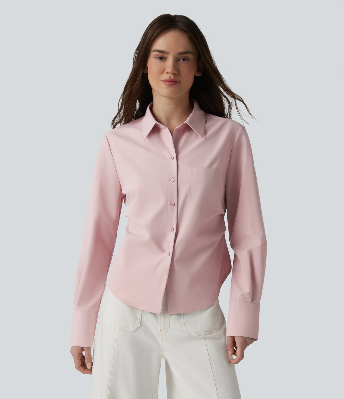 Long Sleeve Curved Hem Casual Shirt with Pocket — Hushed Violet — view 4
