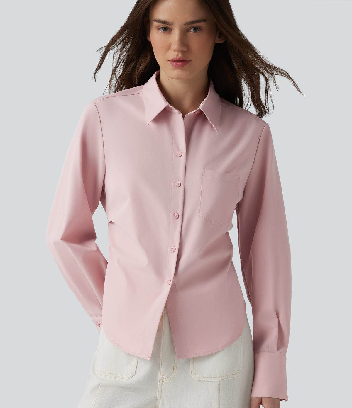 Long Sleeve Curved Hem Casual Shirt with Pocket — Hushed Violet — view 1