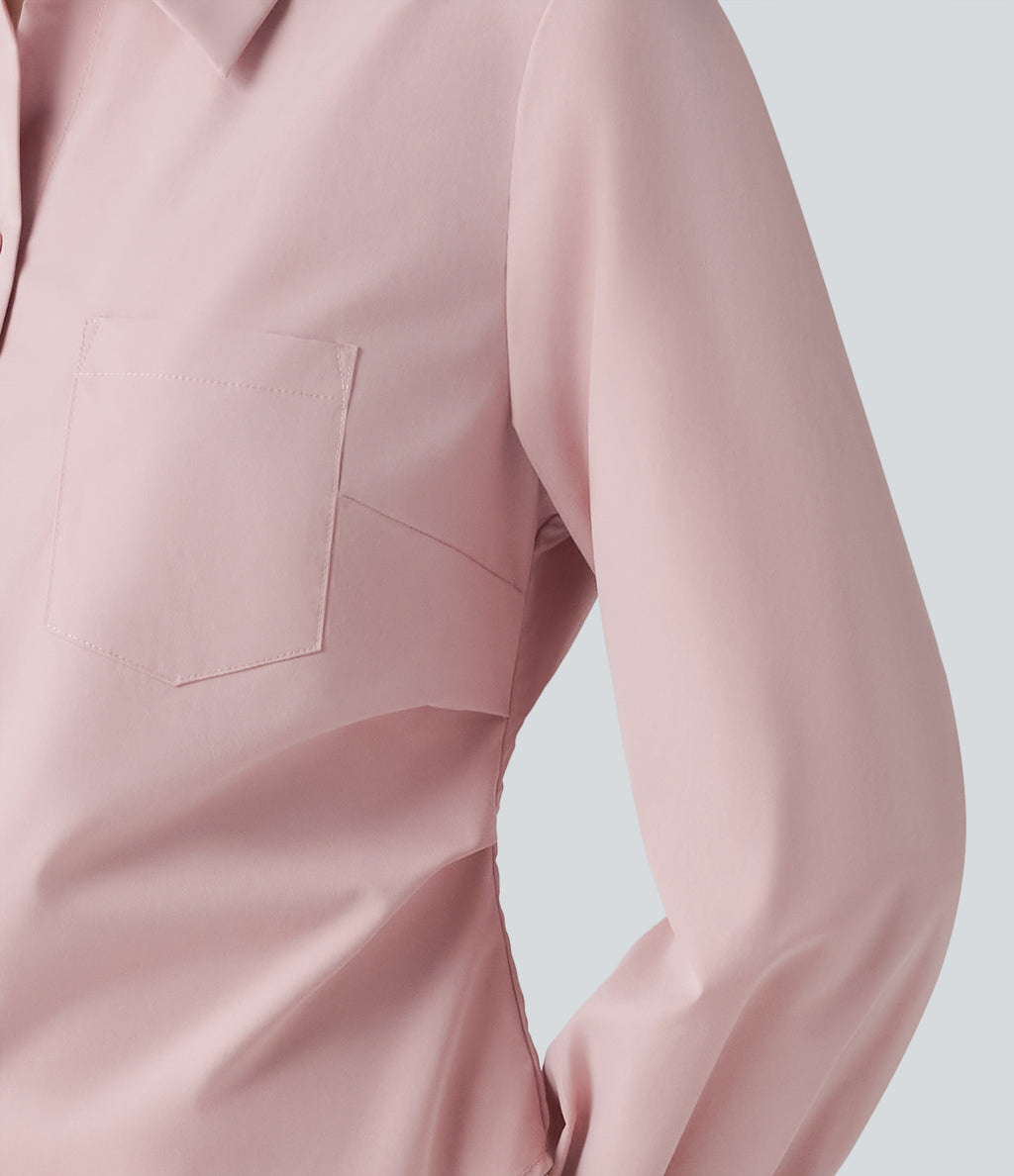Long Sleeve Curved Hem Casual Shirt with Pocket — Hushed Violet — view 5