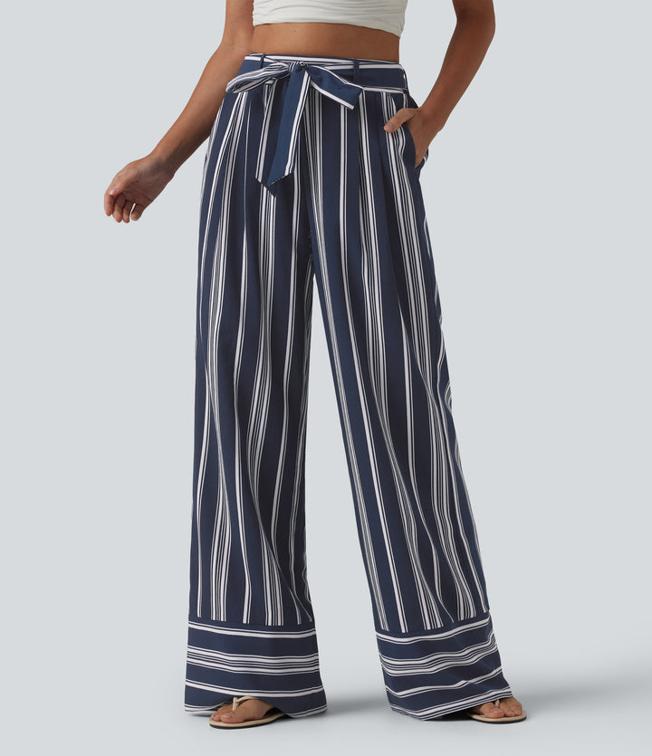 High Waisted Belted Stripes Resort Baggy Trousers with Pockets — Harbour Classic Stripe — view 1