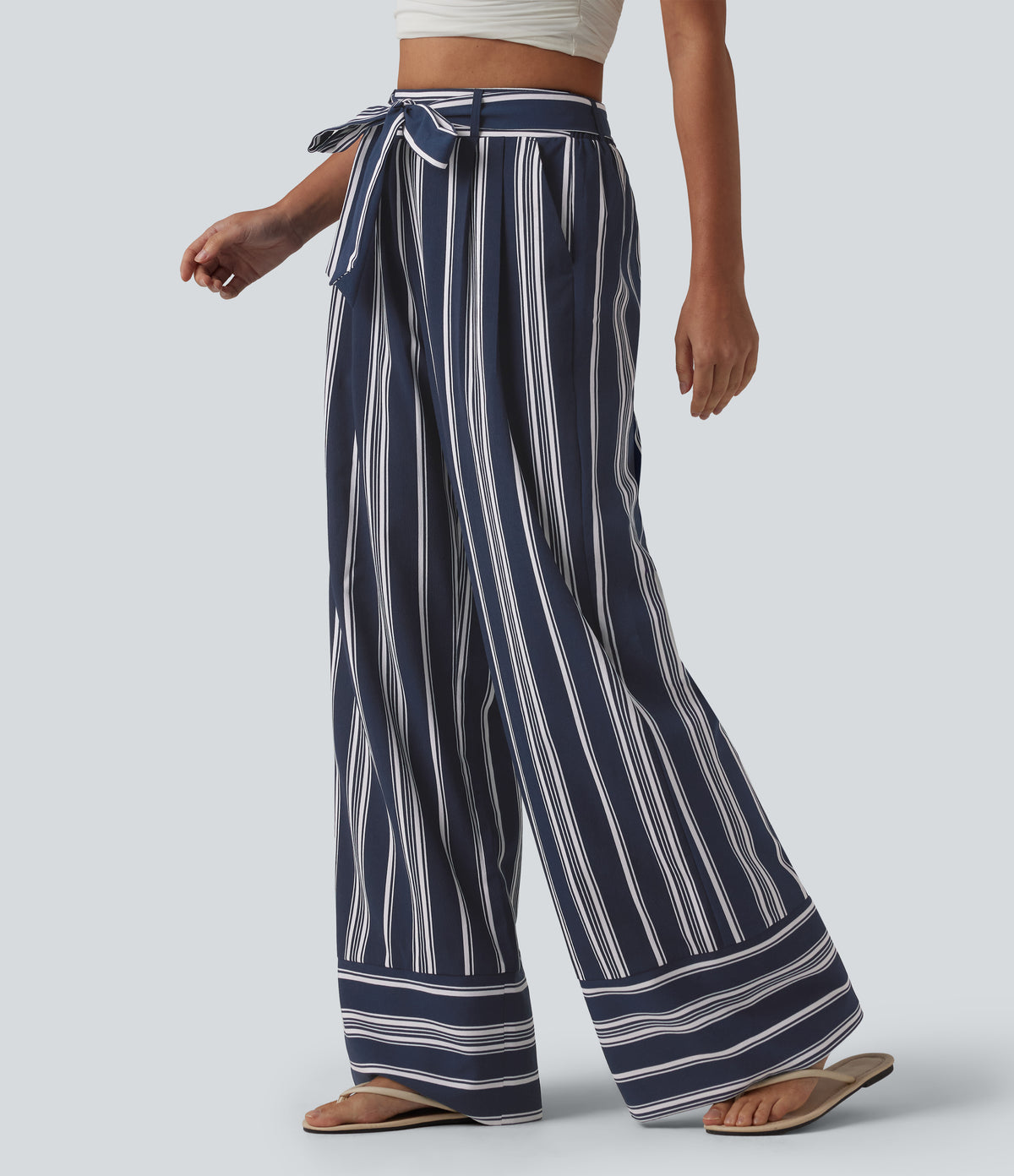 High Waisted Belted Stripes Resort Baggy Trousers with Pockets — Harbour Classic Stripe — view 3