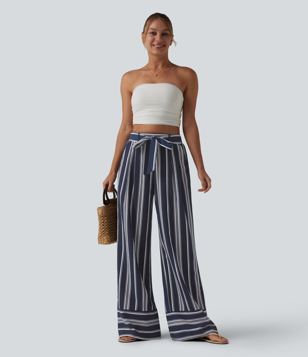 High Waisted Belted Stripes Resort Baggy Trousers with Pockets — Harbour Classic Stripe — view 8