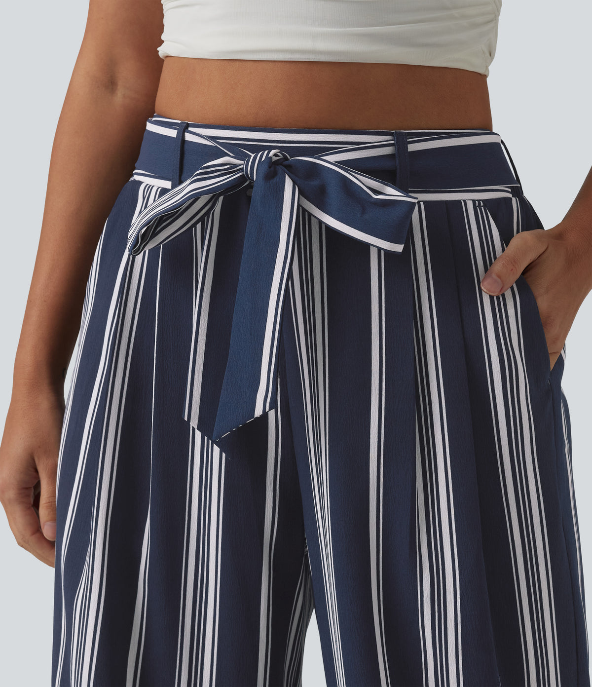 High Waisted Belted Stripes Resort Baggy Trousers with Pockets — Harbour Classic Stripe — view 4