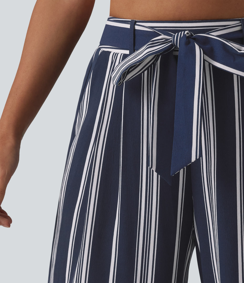 High Waisted Belted Stripes Resort Baggy Trousers with Pockets — Harbour Classic Stripe — view 5