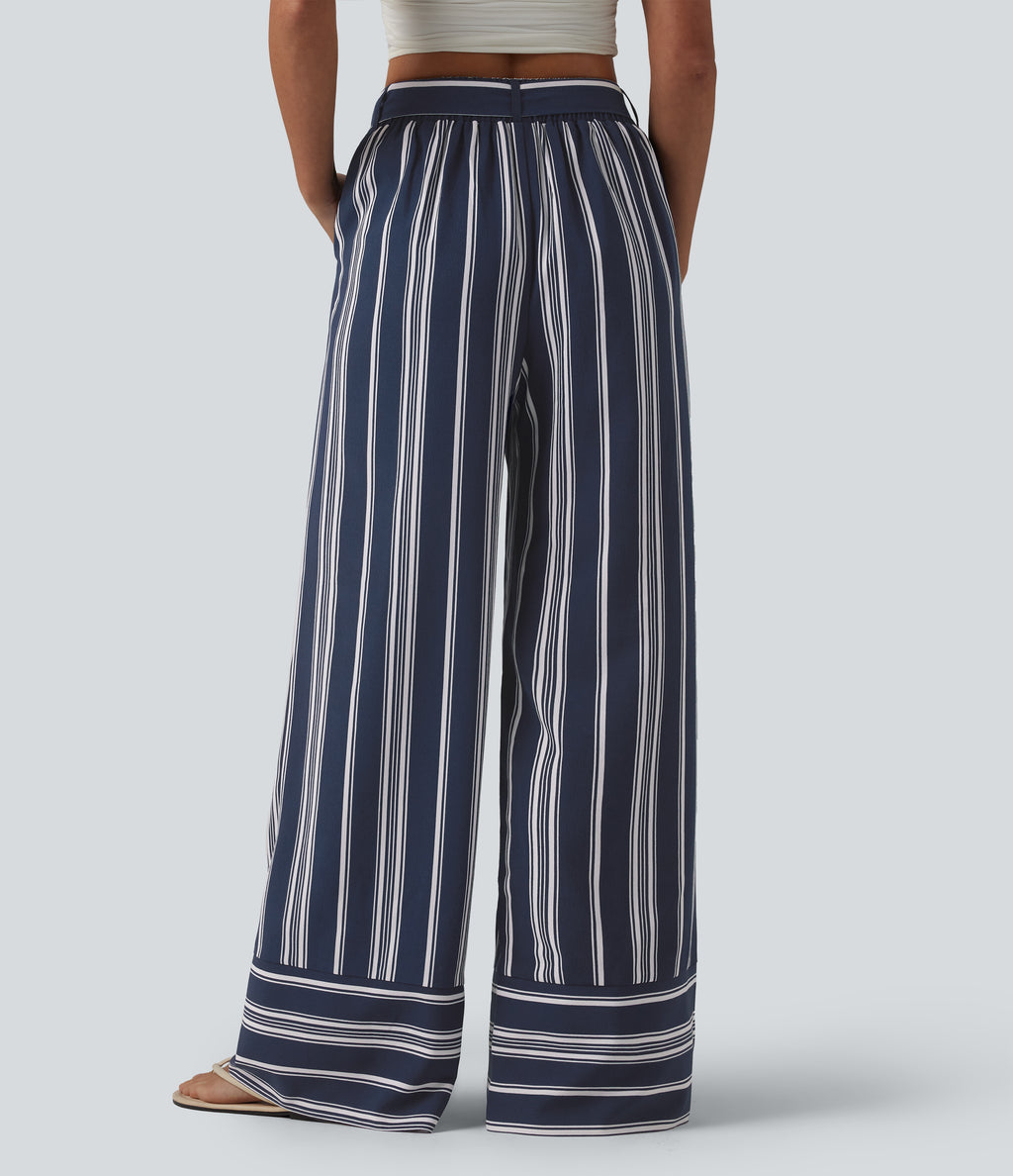 High Waisted Belted Stripes Resort Baggy Trousers with Pockets — Harbour Classic Stripe — view 2