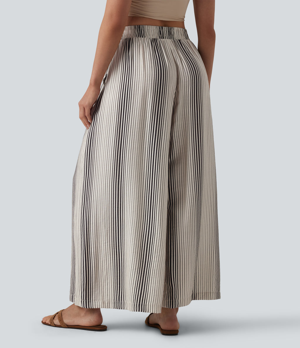High Waisted Stripes 7/8 Resort Baggy Trousers with Pockets — Soft Ink Stripe — view 2