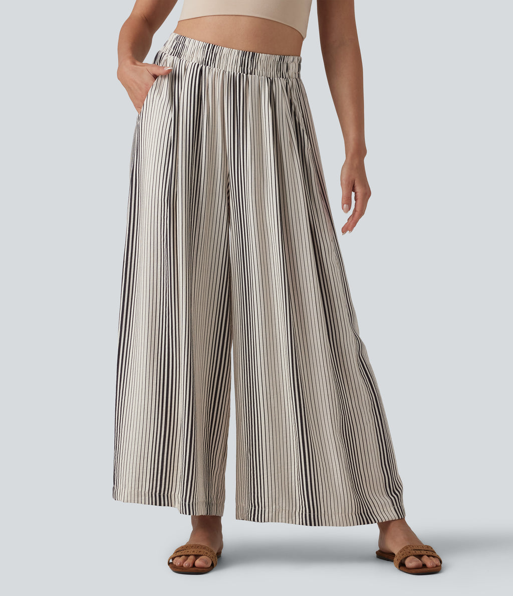 High Waisted Stripes 7/8 Resort Baggy Trousers with Pockets — Soft Ink Stripe — view 1
