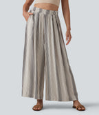 High Waisted Stripes 7/8 Resort Baggy Trousers with Pockets — Soft Ink Stripe — view 1