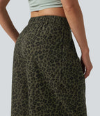 Mid Rise Leopard Print Cropped Casual Baggy Trousers with Pockets — Olive Leopard — view 5