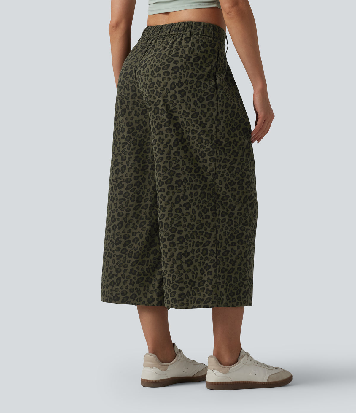 Mid Rise Leopard Print Cropped Casual Baggy Trousers with Pockets — Olive Leopard — view 2