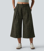 Mid Rise Leopard Print Cropped Casual Baggy Trousers with Pockets — Olive Leopard — view 1