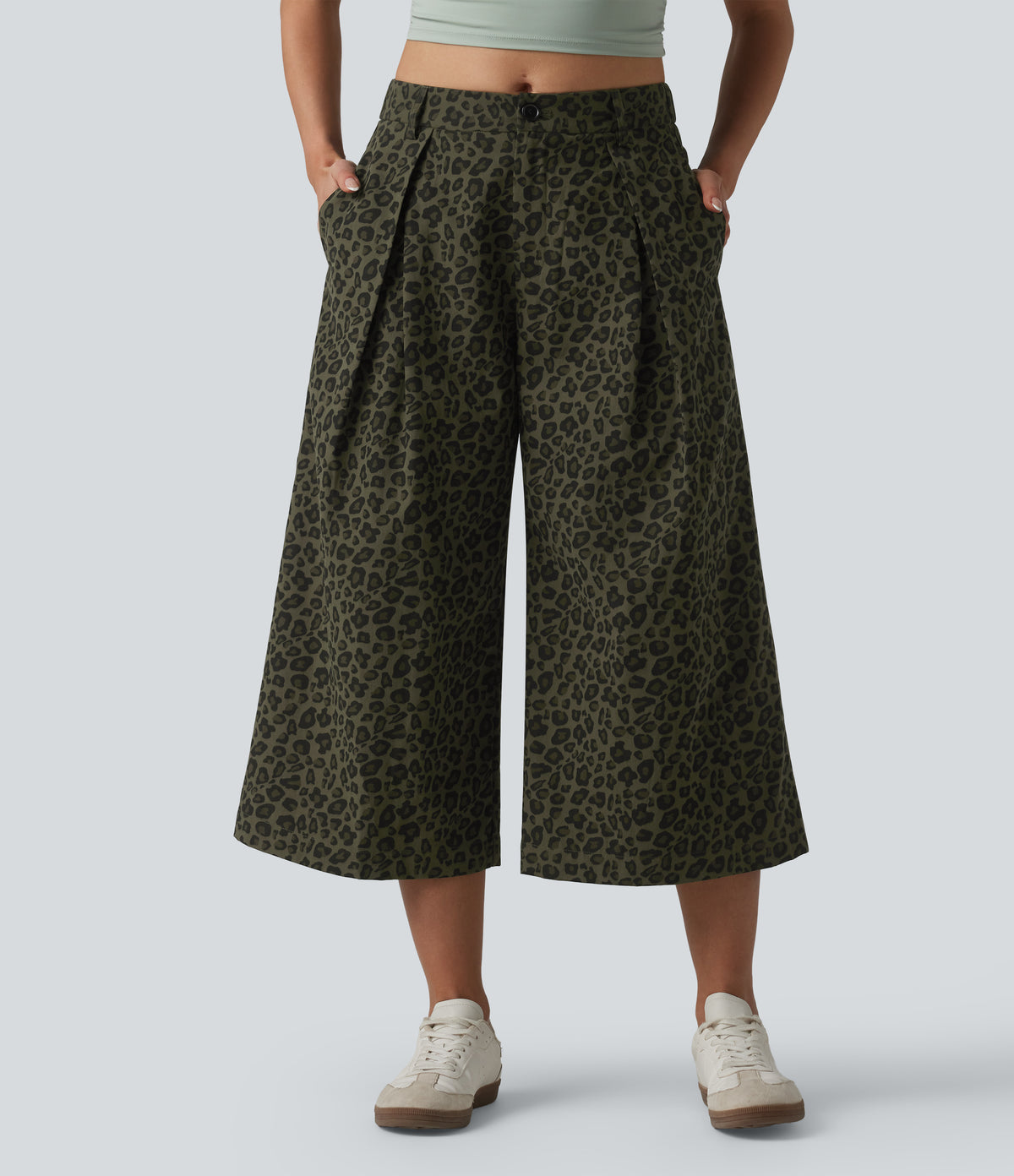 Mid Rise Leopard Print Cropped Casual Baggy Trousers with Pockets — Olive Leopard — view 1