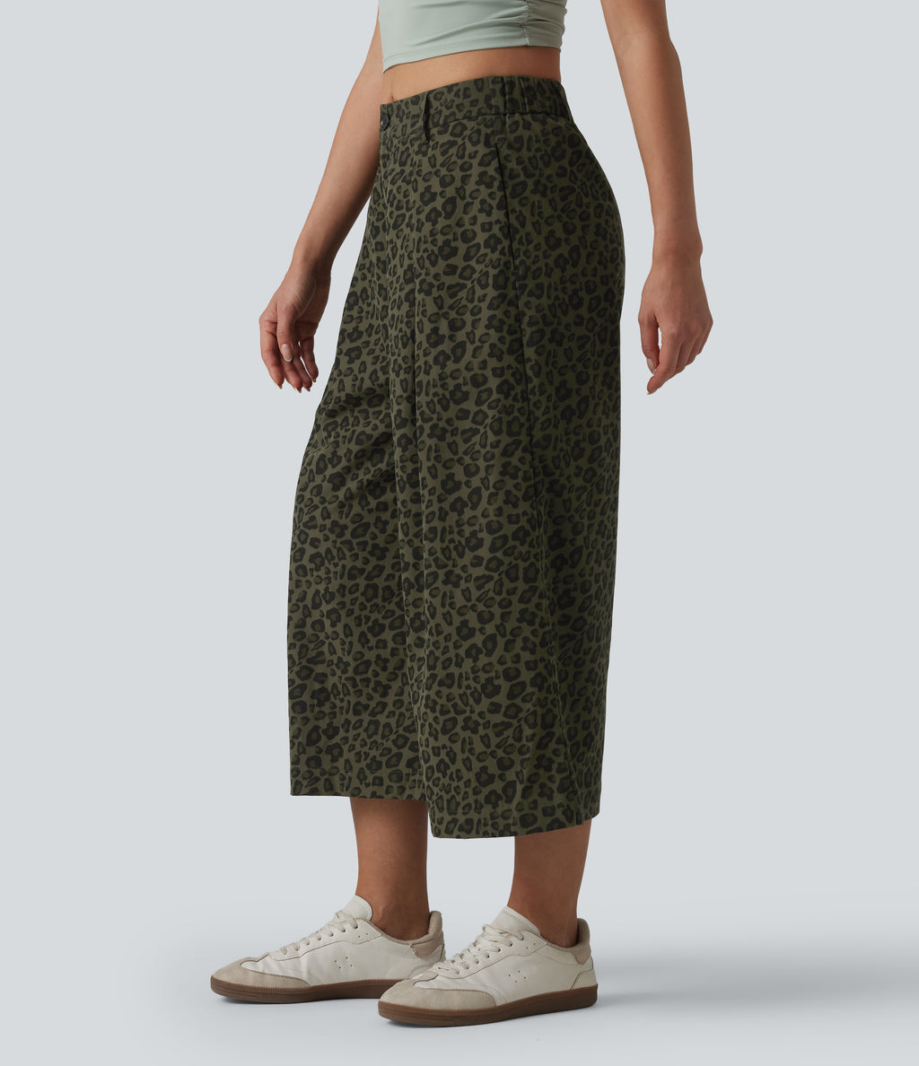 Mid Rise Leopard Print Cropped Casual Baggy Trousers with Pockets — Olive Leopard — view 3