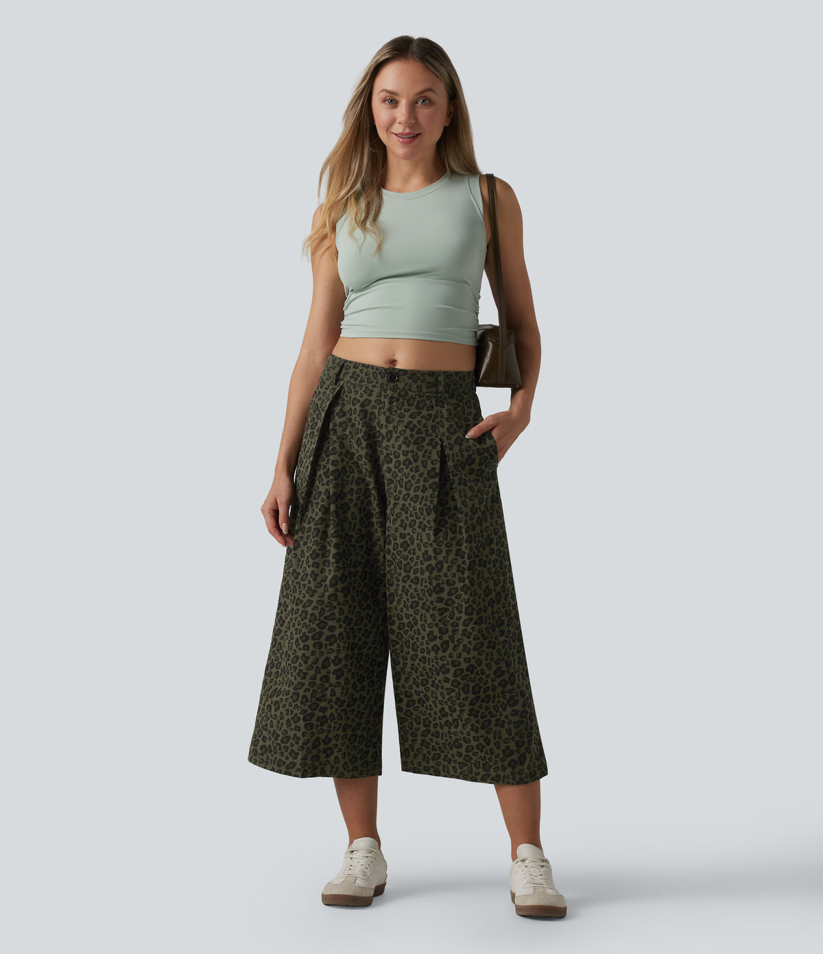 Mid Rise Leopard Print Cropped Casual Baggy Trousers with Pockets — Olive Leopard — view 6