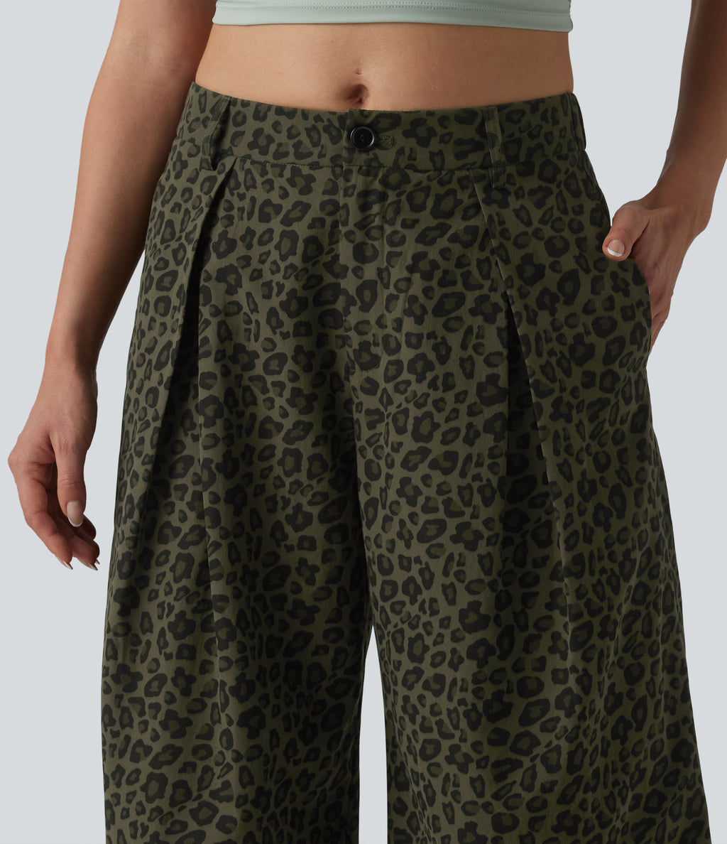 Mid Rise Leopard Print Cropped Casual Baggy Trousers with Pockets — Olive Leopard — view 4