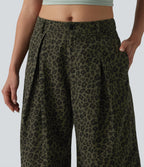 Mid Rise Leopard Print Cropped Casual Baggy Trousers with Pockets — Olive Leopard — view 4