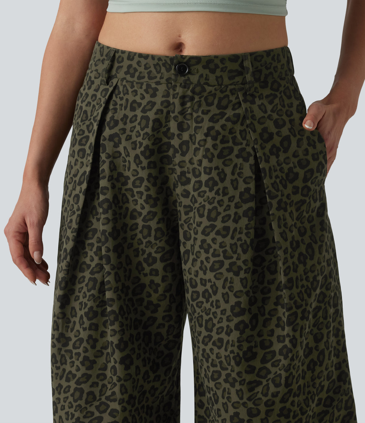 Mid Rise Leopard Print Cropped Casual Baggy Trousers with Pockets — Olive Leopard — view 4