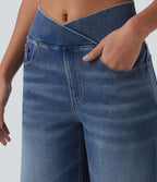 Crossover Mid Rise Curved Hem Casual Baggy Jeans with Pockets — Estate Blue Denim — view 4