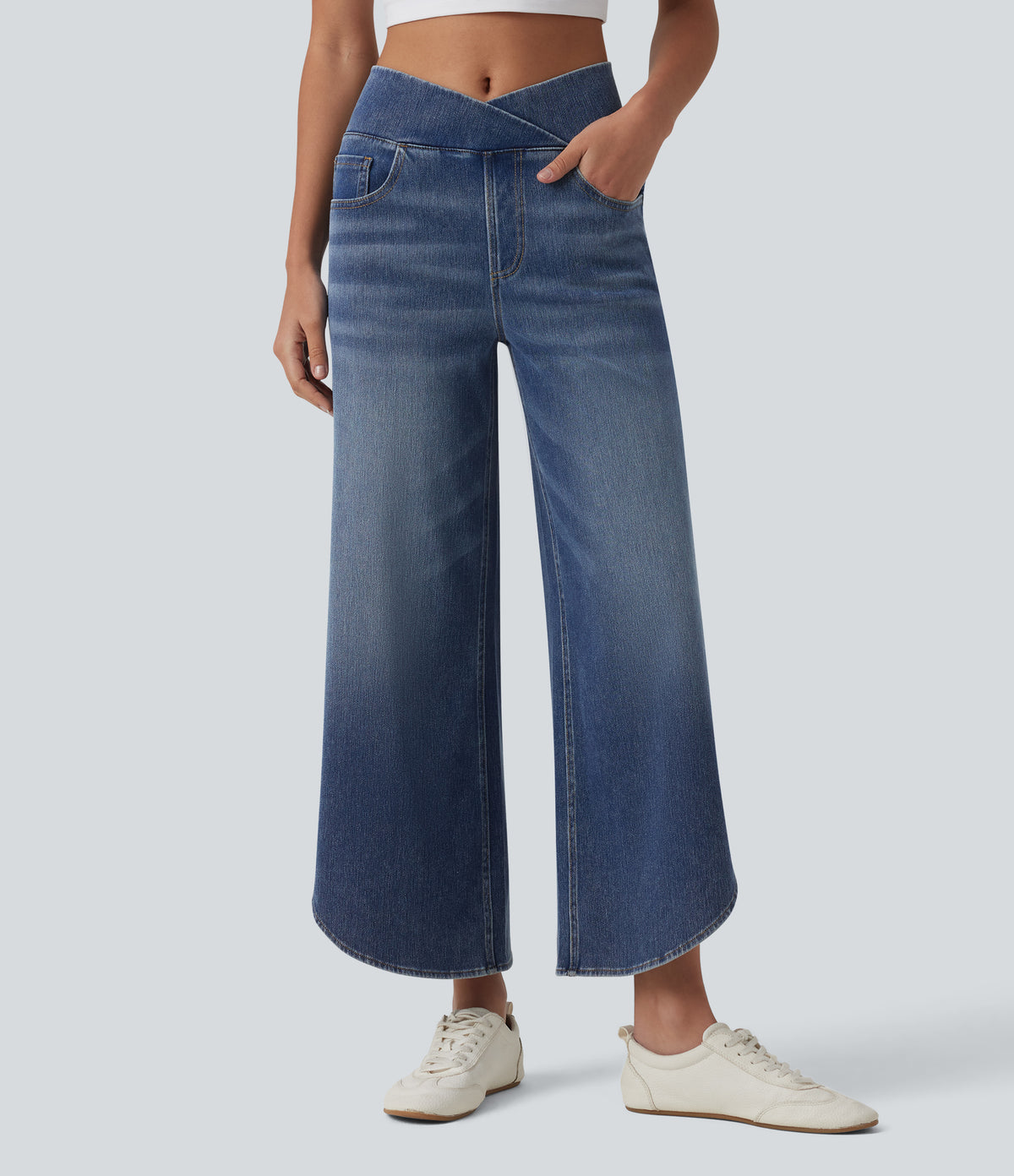 Crossover Mid Rise Curved Hem Casual Baggy Jeans with Pockets — Estate Blue Denim — view 3