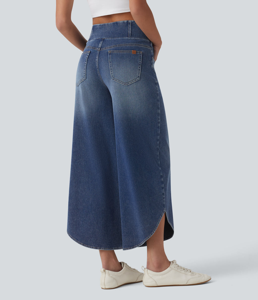 Crossover Mid Rise Curved Hem Casual Baggy Jeans with Pockets — Estate Blue Denim — view 2