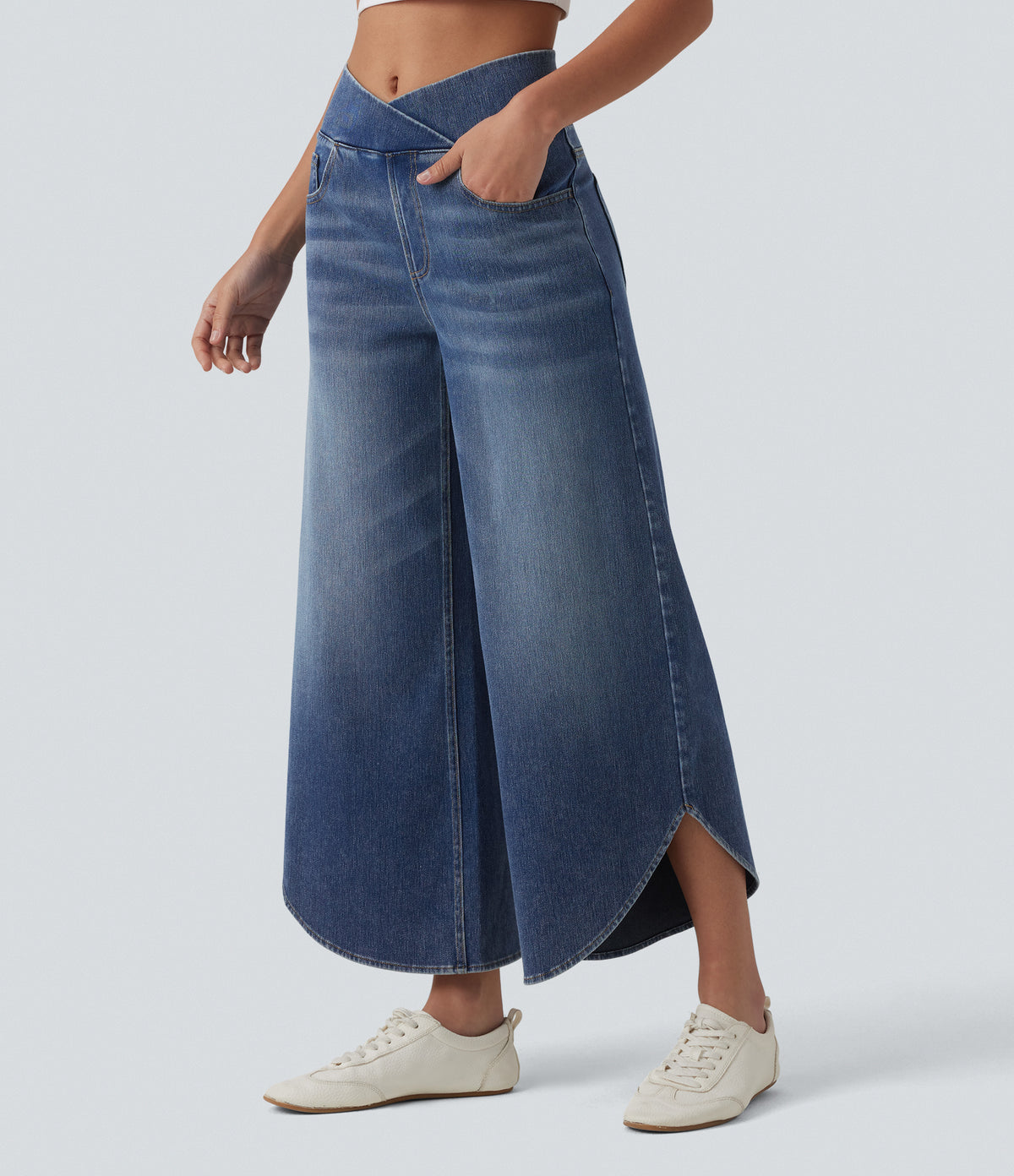 Crossover Mid Rise Curved Hem Casual Baggy Jeans with Pockets — Estate Blue Denim — view 1