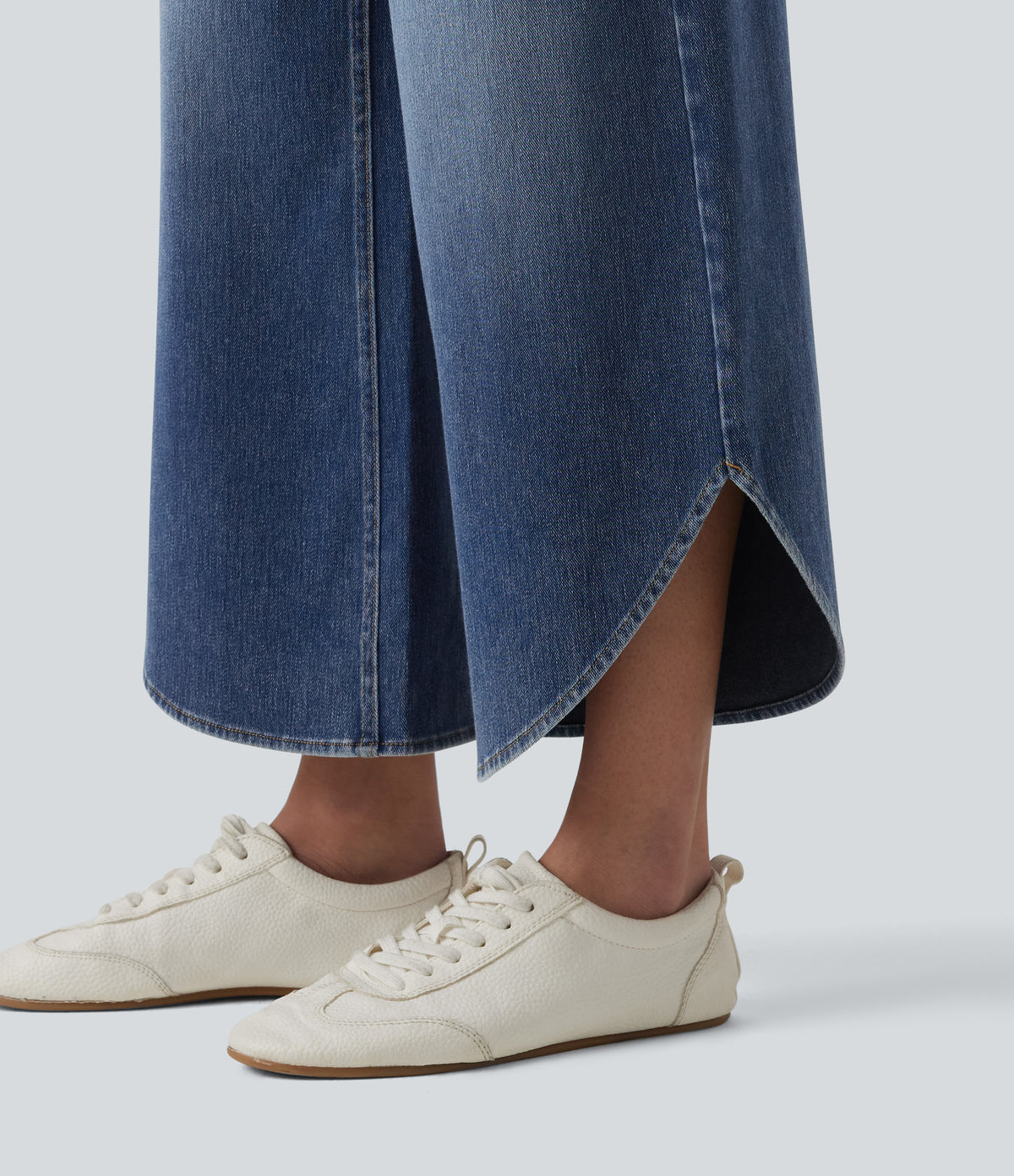 Crossover Mid Rise Curved Hem Casual Baggy Jeans with Pockets — Estate Blue Denim — view 6