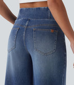 Crossover Mid Rise Curved Hem Casual Baggy Jeans with Pockets — Estate Blue Denim — view 5