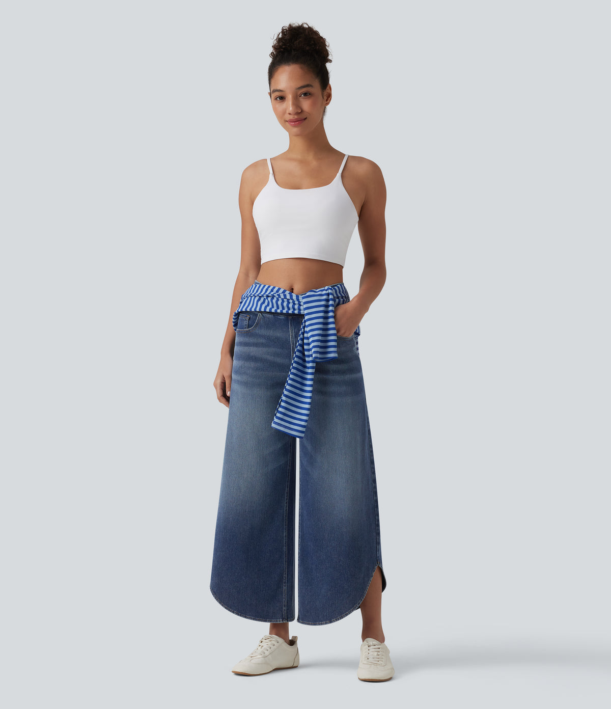 Crossover Mid Rise Curved Hem Casual Baggy Jeans with Pockets — Estate Blue Denim — view 7