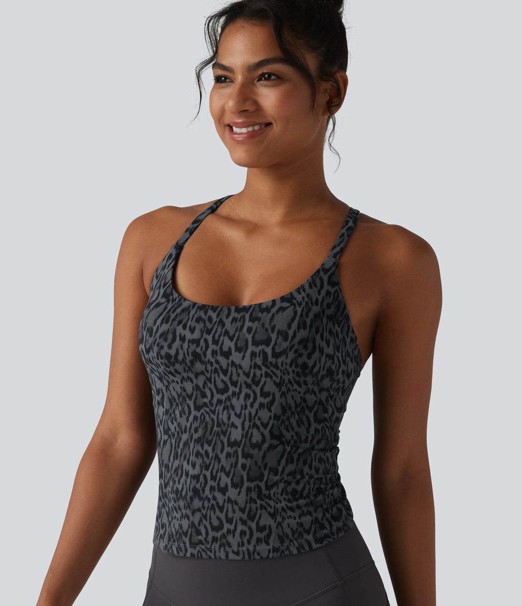 Leopard Print Scoop Neck Built-in Bra Crossover Hem Yoga Tank Top — Shadow Leopard — view 5