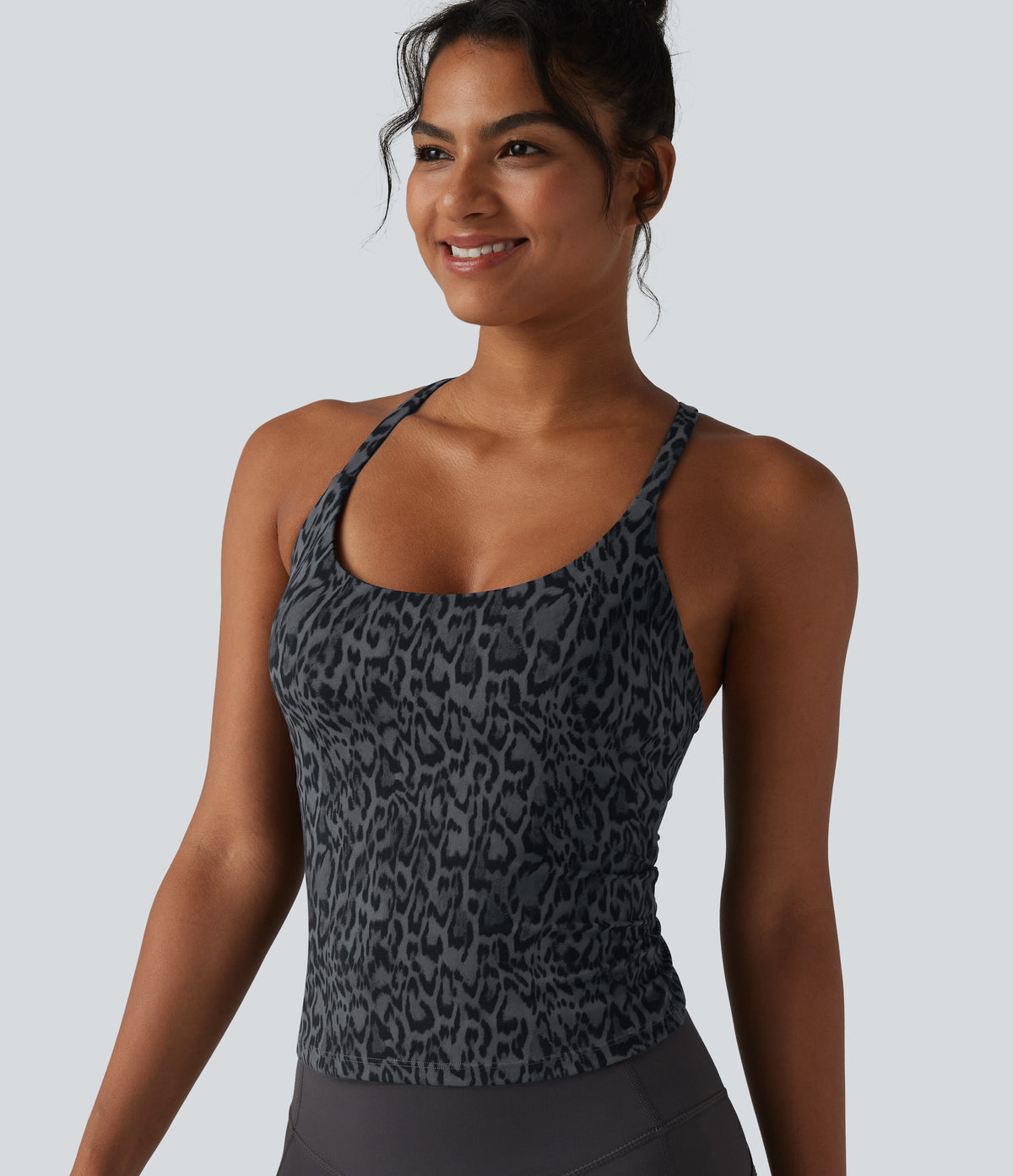 Leopard Print Scoop Neck Built-in Bra Crossover Hem Yoga Tank Top — Shadow Leopard — view 5