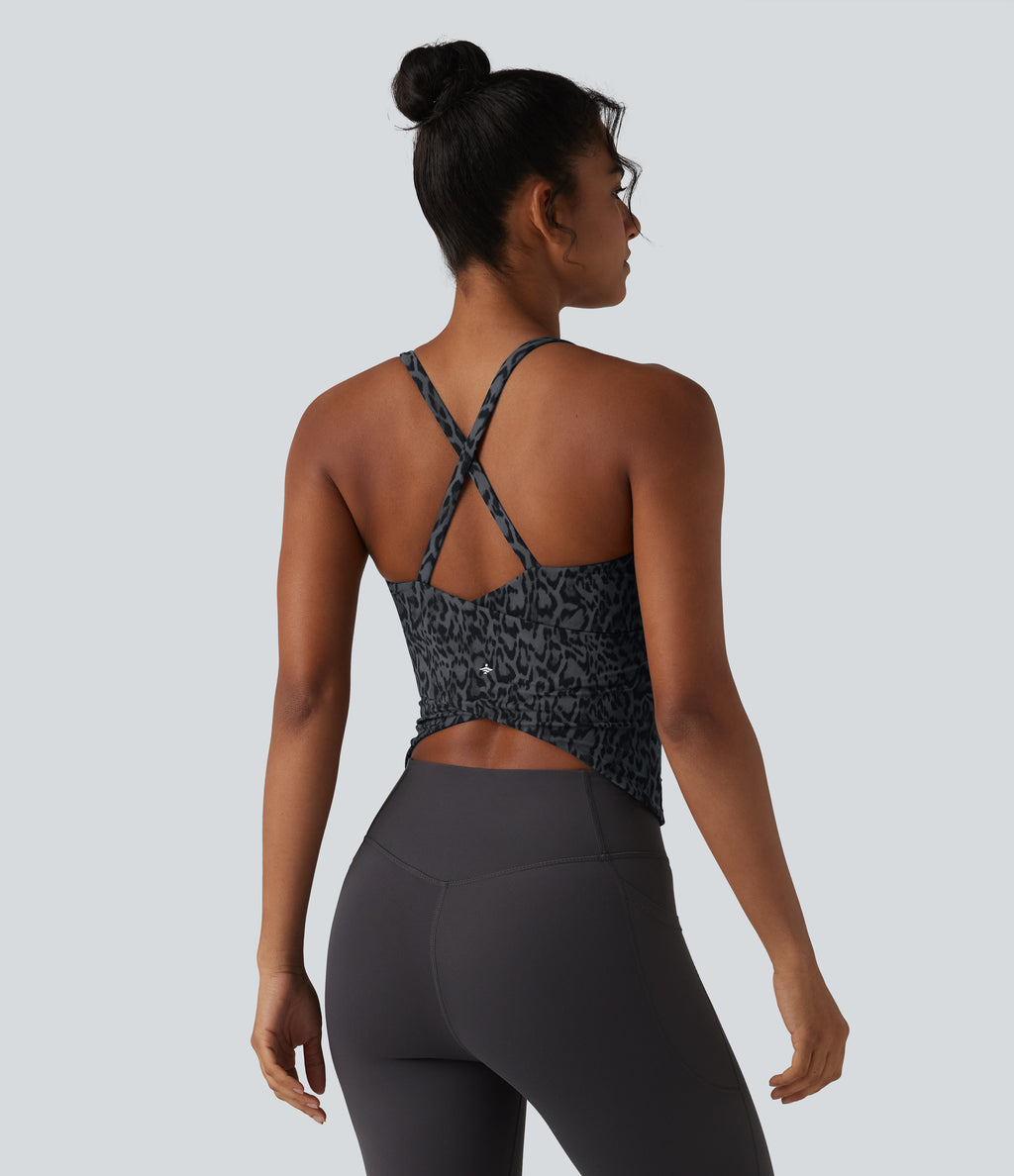 Leopard Print Scoop Neck Built-in Bra Crossover Hem Yoga Tank Top — Shadow Leopard — view 4
