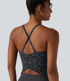Leopard Print Scoop Neck Built-in Bra Crossover Hem Yoga Tank Top — Shadow Leopard — view 1