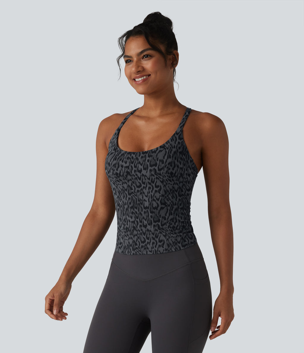 Leopard Print Scoop Neck Built-in Bra Crossover Hem Yoga Tank Top — Shadow Leopard — view 3