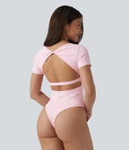 Twisted Backless U-neck Short Sleeve Skinny Casual Bodysuit — Raindrops on Roses — view 2