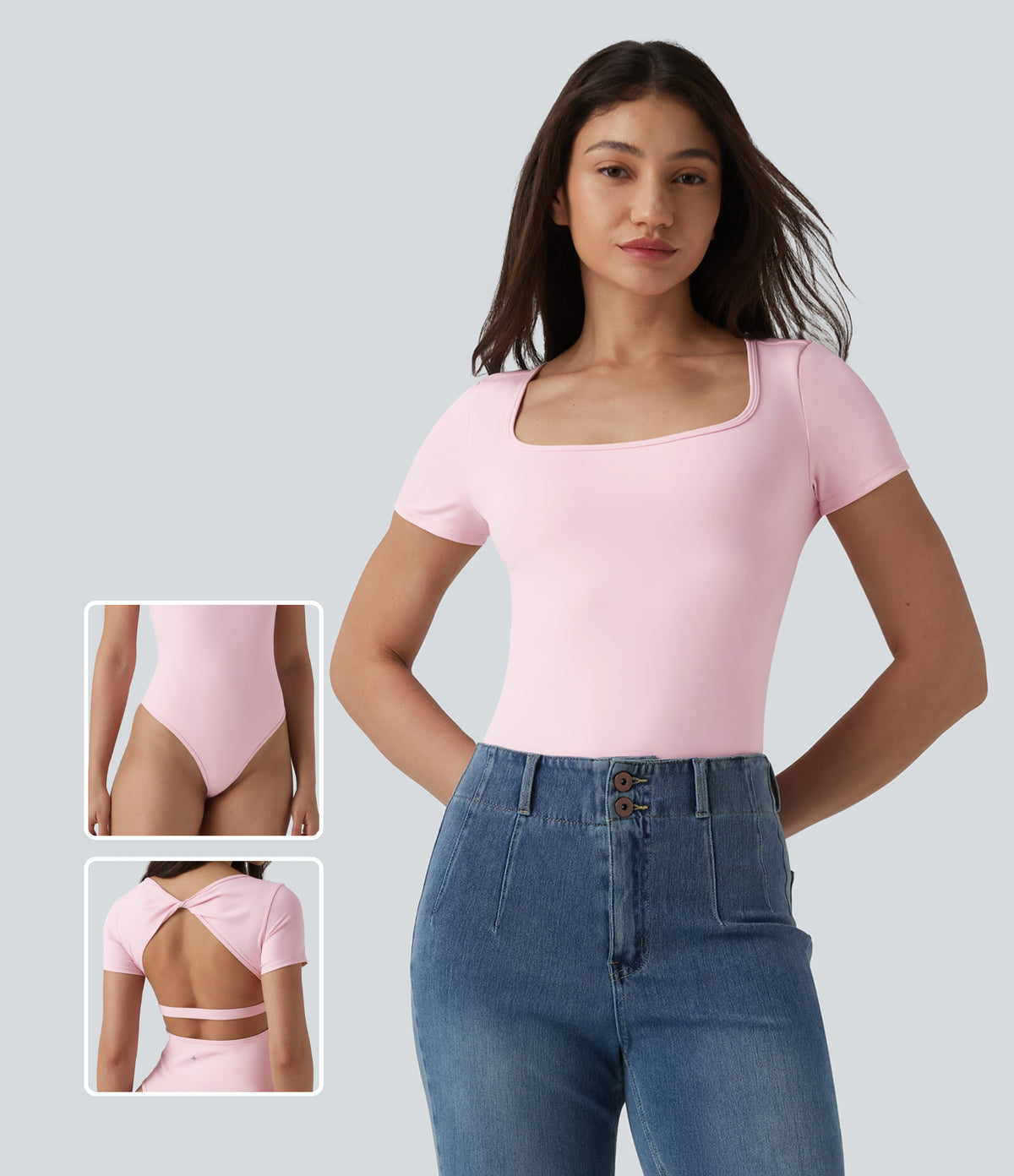 Twisted Backless U-neck Short Sleeve Skinny Casual Bodysuit — Raindrops on Roses — view 1