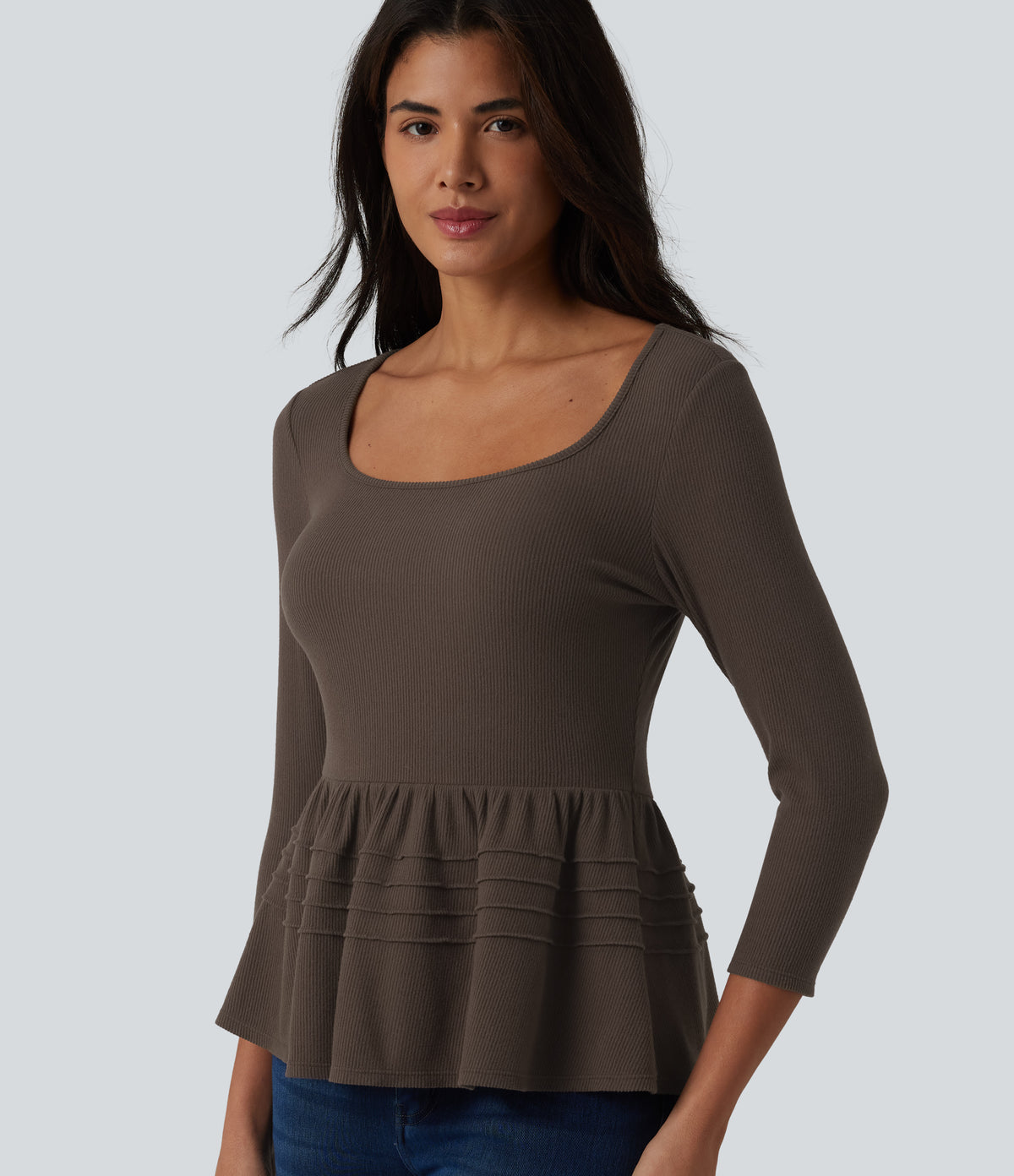 Ribbed Knit U-Neck 3/4 Sleeve Casual Babydoll Top — Bracken — view 6