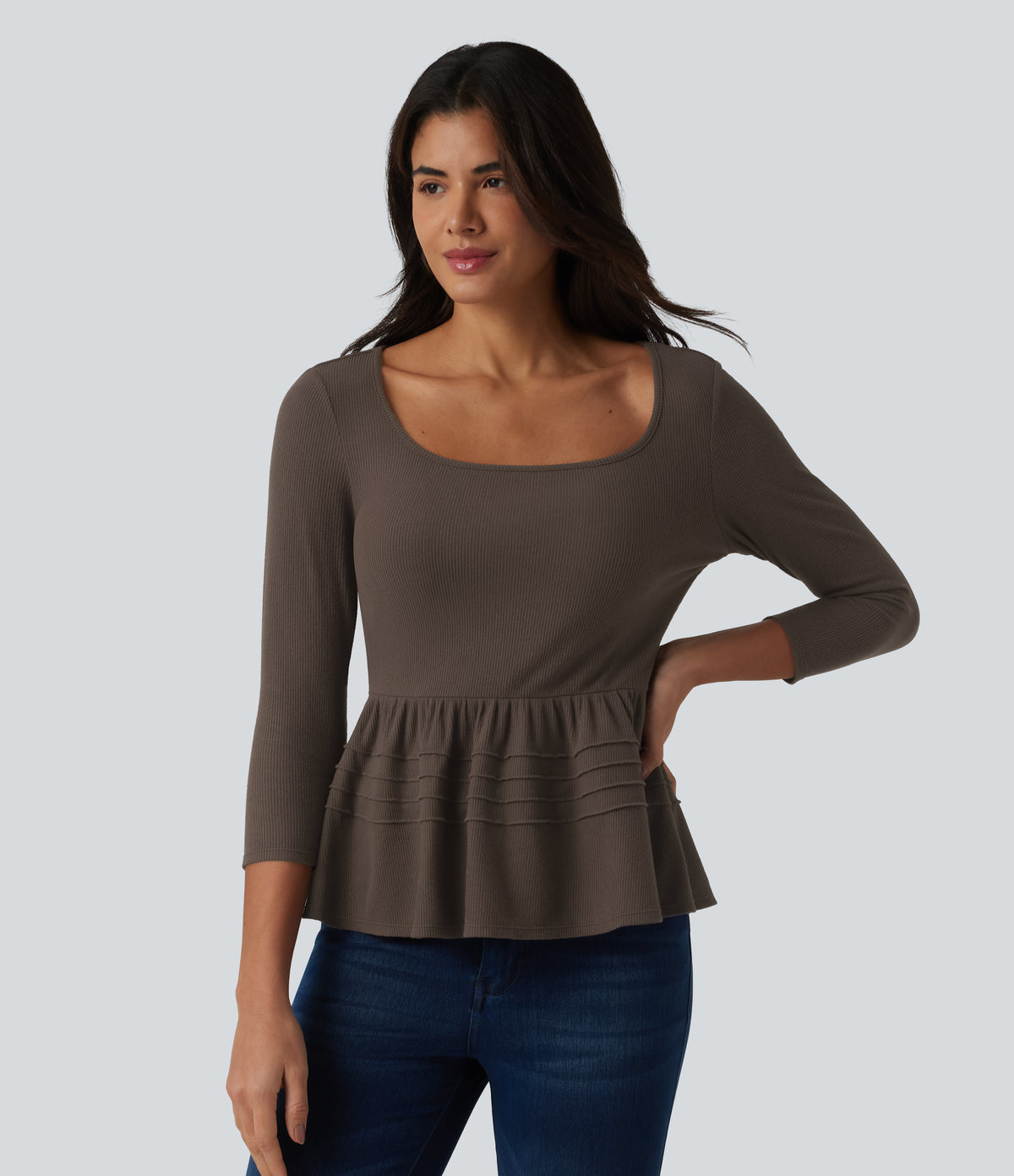 Ribbed Knit U-Neck 3/4 Sleeve Casual Babydoll Top — Bracken — view 5