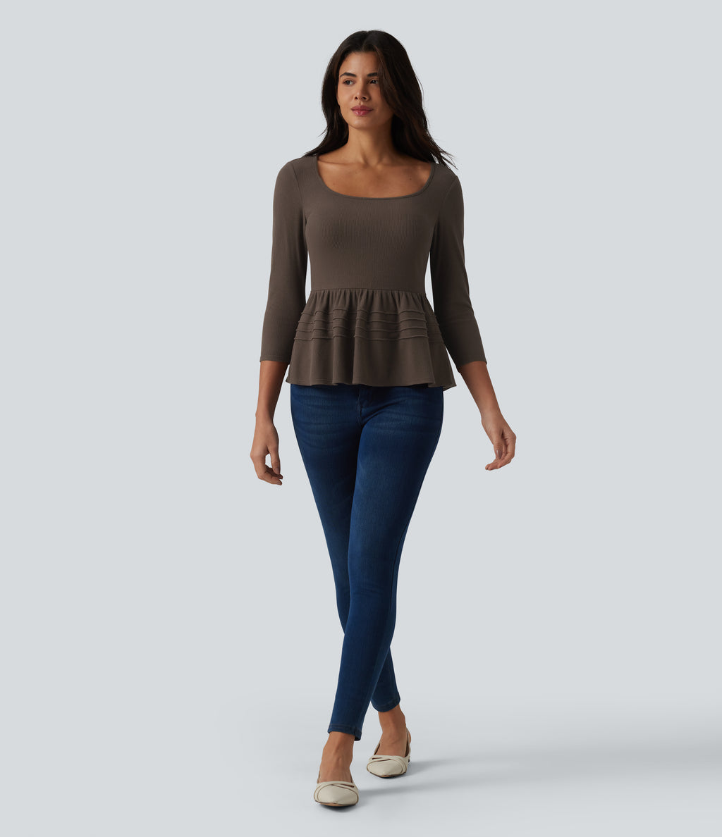 Ribbed Knit U-Neck 3/4 Sleeve Casual Babydoll Top — Bracken — view 7