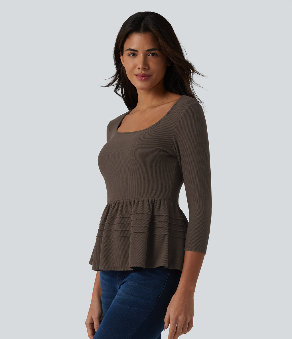 Ribbed Knit U-Neck 3/4 Sleeve Casual Babydoll Top — Bracken — view 1